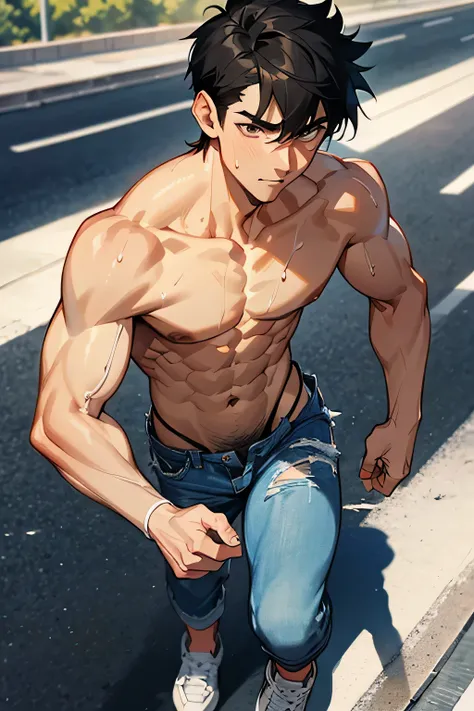 shirtless, super muscular, dripping with sweat, 22-year old short black hair handsome caucasian male wearing tattered short jeans and sneakers, morning run, shirtless in the highway  