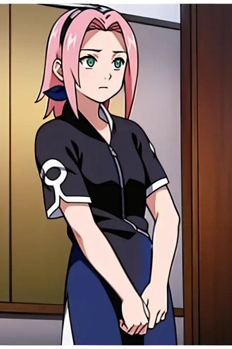 13-year old Sakura, green eyes, black shirt, hair tied in a ponytail, blue skirt