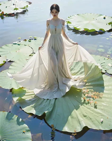 Alafd image，A woman in a dress stands on a leaf, Standing gracefully on the lotus, Standing on the lotus, beautiful flowing fabric, Elegant floating posture, extremely beautiful and ethereal, floating dress, flowing robe, ethereal beauty, lying on lily pad...