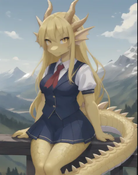 1girl, (Feminine), solo, masterpiece, mountain, scenery, (dragon girl:1.2), dragon, yellow scales, yellow hair, dragon horns, dragon tail, yellow eyes, slit pupils, (scales, scalie:1.2), (wearing sexy japonese high school uniform)