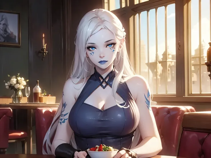 jarael, pale white skin, long white hair, ((blue lips)), medium breasts, cute, beautiful eyes, long red dress, sitting in a restaurant, cheek tattoos