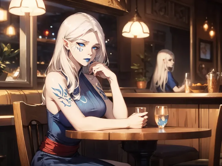 jarael, pale white skin, long white hair, ((blue lips)), medium breasts, cute, beautiful eyes, long red dress, sitting in a restaurant, cheek tattoos
