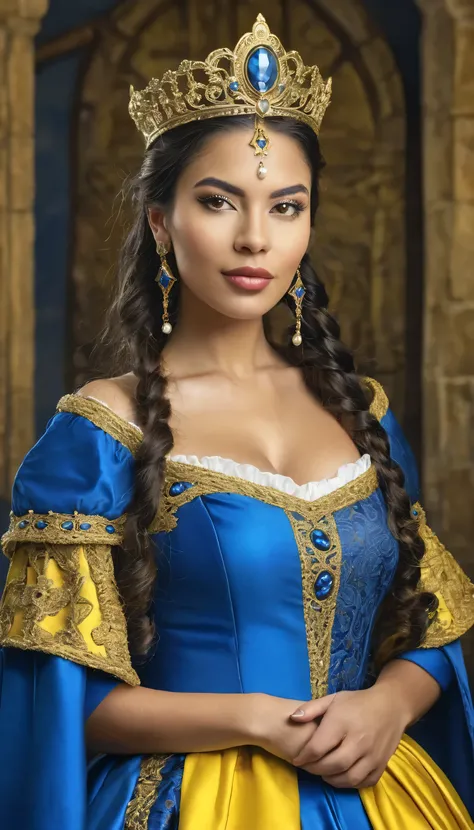 create a beautiful woman from colombia in a medieval yellow and blue queen costume, medieval background