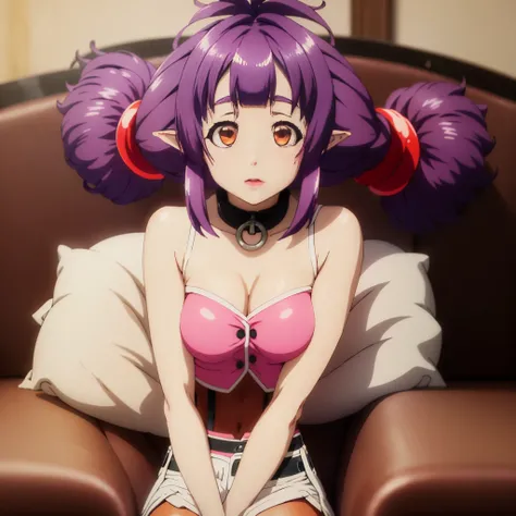 sitting at attention, sitting on couch, pink shirt, black tie, brown vest, sleeveless, purple hair, red eye, hair_ornament, twintails, hair_tie, 1 girl, 20yo, Young female, Beautiful,Beautiful long legs, Beautiful body, Beautiful Nose, Beautiful character ...