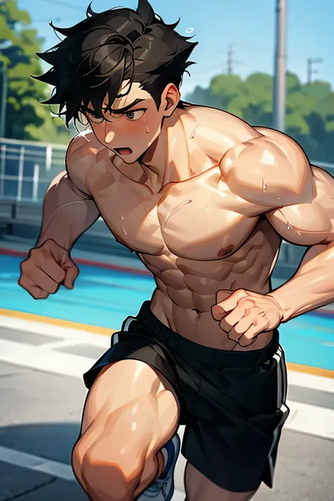 shirtless, super muscular, dripping with sweat, drenched with sweat, panting, 22-year old short black hair handsome caucasian male wearing sweat -drenched white running shorts and sneakers, running, shirtless in the highway on a hot day