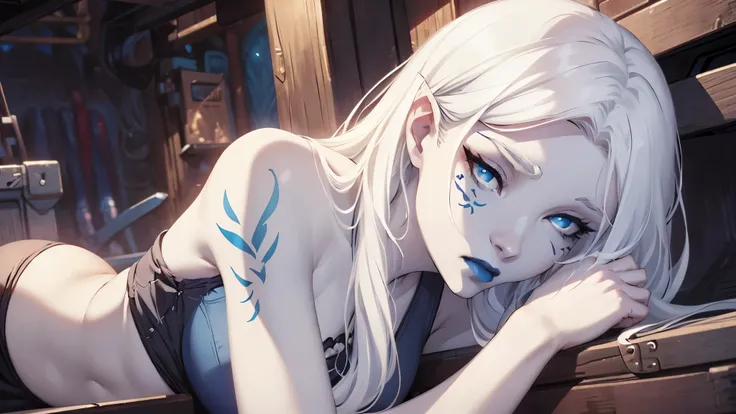 jarael, pale white skin, long white hair, ((blue lips)), medium breasts, cute, beautiful eyes, black underwear, laying in a ships bunk, cheek tattoos