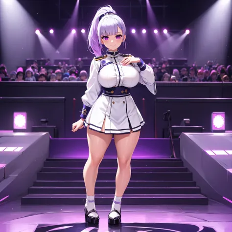 a woman wearing a white idol uniform with lilac details, weak lilac hair, purple eyes, ponytail hair, big breasts, on a japanese...