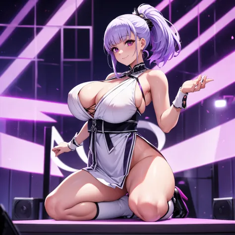 a woman wearing a white idol uniform with lilac details, weak lilac hair, purple eyes, ponytail hair, big breasts, on a japanese...