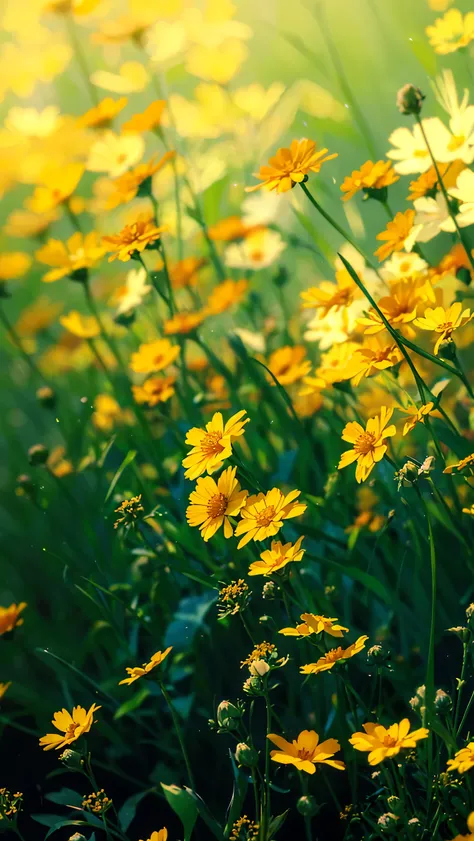 yellow flowers in a field of green and yellow flowers, yellow flowers, surrounded flower, full of yellow flowers flowers, with yellow flowers around it, field flowers, cosmos in the background, in a field of flowers, yellow and green, orange blooming flowe...