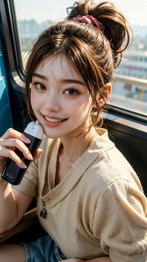 highest quality, masterpiece, Ultra-high resolution, (Realistic:1.4), (close portrait) Raw photo, 1 girl,20-year-old,((Inside the Shinkansen)),((Wireless Earphones)),((Staring at smartphone screen)),,((Asian Fashion)),Messy Hair,((Ponytail and scrunchie, c...