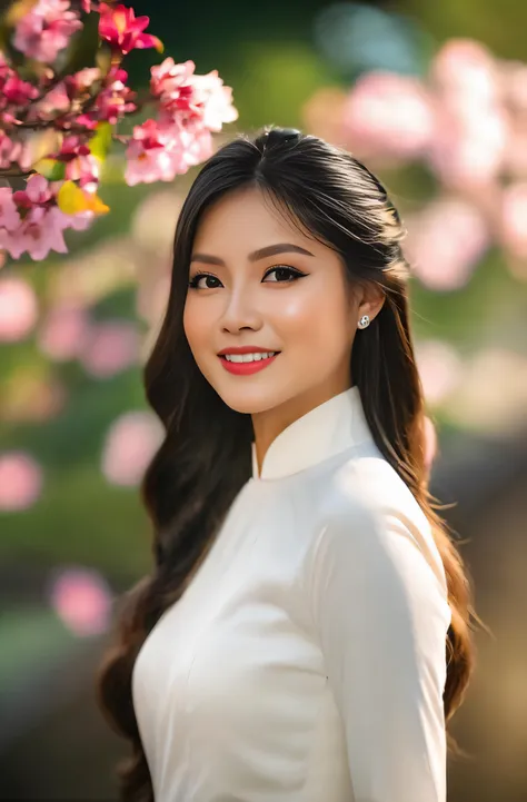 a woman in a white dress standing under a tree with pink flowers