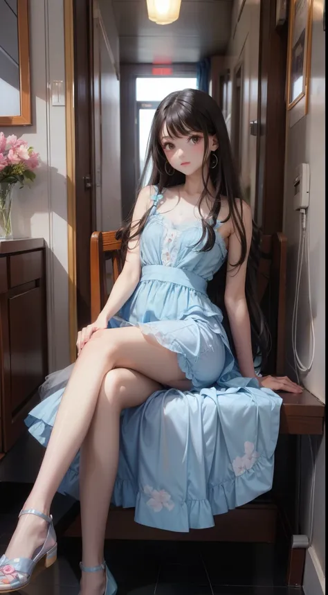 A woman wearing a light blue knee-length floral summer dress, elegant, Cute face, Flat Heel Shoes, 17 years old, Adult face, Slightly wavy hair, ((Black Hair)) Shine, bright black eyes, Slim frame, Big long legs, Soft pink lips, Black Hair、Long Hair,  brit...