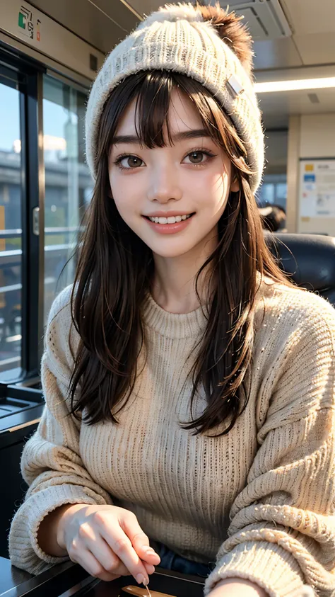 highest quality, masterpiece, Ultra-high resolution, (Realistic:1.4), (close portrait) Raw photo, 1 girl,20-year-old,((Inside the Shinkansen)),((Wireless Earphones)),((Staring at smartphone screen)),,((Asian Fashion)),Messy Hair,((Cool knit hat, chestnut-c...