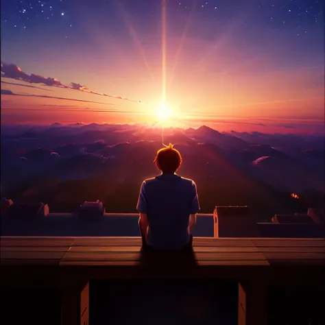 a boy siting in the edges of a clive looking at the sky with full of start, ultra realistic, anime art, wallpaper, 4k, 8k, 16k, ...