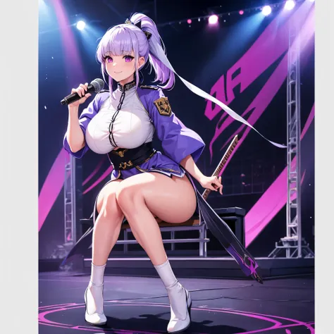 a woman wearing a white idol uniform with lilac details, weak lilac hair, purple eyes, ponytail hair, big breasts, on a japanese...