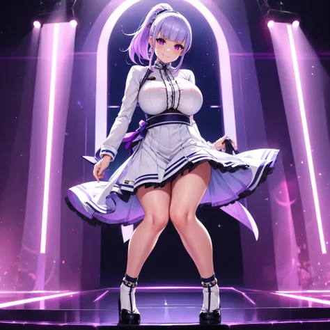 a woman wearing a white idol uniform with lilac details, weak lilac hair, purple eyes, ponytail hair, big breasts, on a japanese...