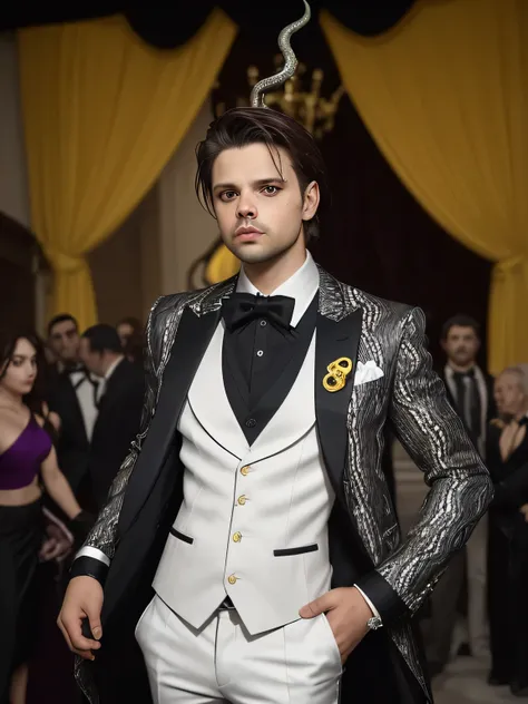 sebastian stan con rasgos marcados y pien limpia, He wears a white three-piece suit with the vest under the jacket in a red striped design. el saco es largo y amplio con hombreras que lo hacen ver imponente. Tiene el cabello negro azabache corto bien peina...