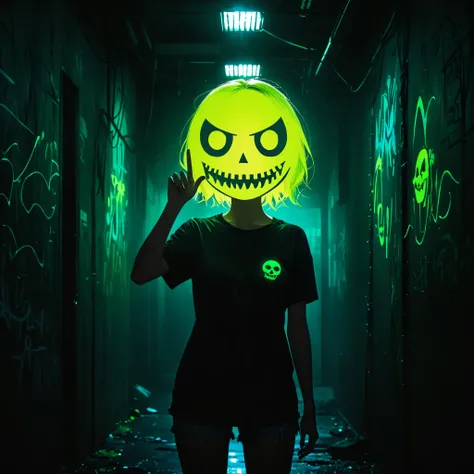 (Portrait of a mysterious giant eye)，indoor，Fluorescent illumination，(((Darkness shrouded)))，Wall background，black background，silhouette，shadow，extreme darkness，Minimalist graffiti style background，Fluorescent green ploy Skull pattern graffiti，Dark atmosph...