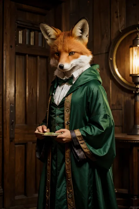 An anthropomorphic fox with realistic fur and serious expression., Dressed in green wizard robes, de pie con orgullo sobre la entrada de una ciudadela steampunk.