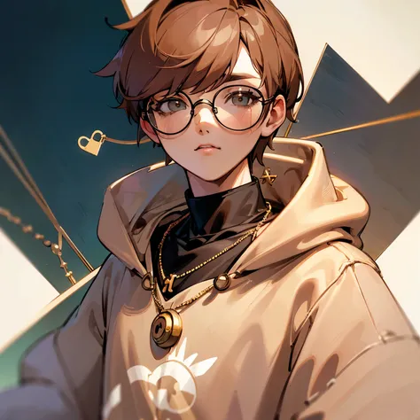 Femboy with feminine face, brown hair , circular glasses, necklace, beige hoodie