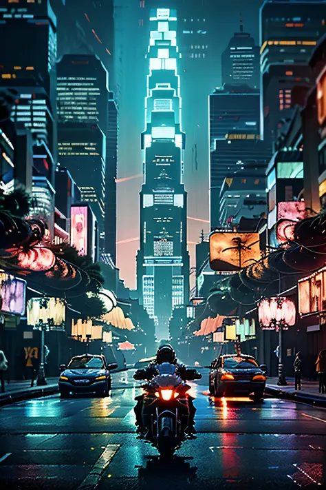 estilo: arte conceptual. motocicleta futurista, La escena: Futuristic cityscapes with towering skyscrapers and sleek aerodynamic vehicles flying through the air. High-resolution OLED GUI interfaces in the building&#39;The windows are filled with transparen...