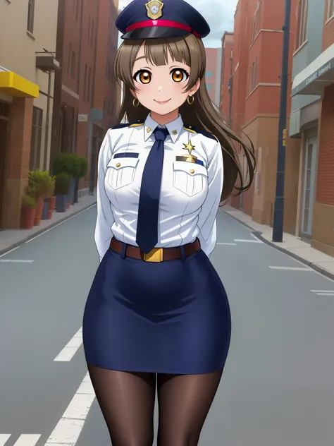 Masterpiece, best quality,solo, (detailed face), minami kotori, curvy body, smile ,white shirt,half sleeves,earrings, pencil skirt, necktie , standing,police cap,in street,looking at viewer, cowboy shot, thighs, wide hips , arms behind back ,solo focus ,be...