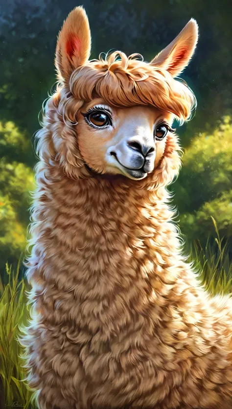 ((alpaca)), detailed eyes, fluffy fur, realistic expression, peaceful gaze, vibrant colors, soft lighting, natural setting, gras...