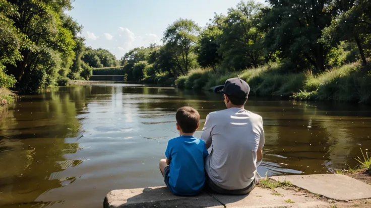 Dad and son sitting by the river fishing，Back