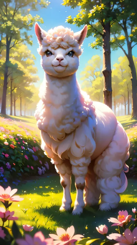 (best quality, highres, ultra-detailed), cute alpaca, soft fur, fluffy appearance, adorable eyes, playful expression, gentle smile, vibrant colors, realistic rendering, beautiful landscape, sunlight filtering through the trees, lush grassy fields, blooming...