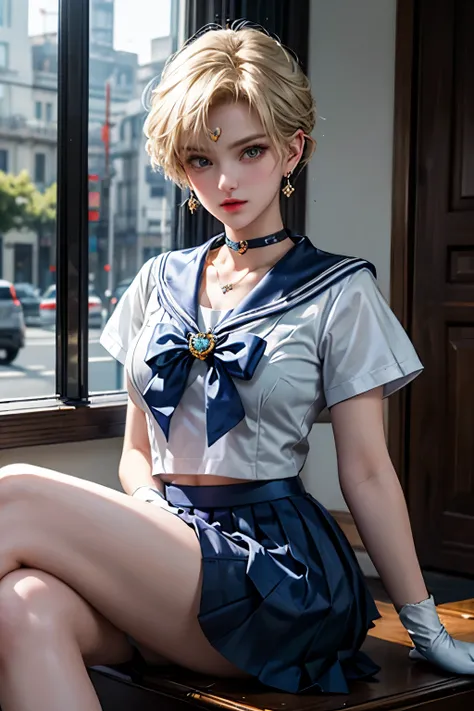 (highest quality:1.1), (masterpiece:1.4), (Absurd:1.0), Portraiture, close,One girl, Sailor Uranus, KizukiAi, Mature Woman, Small breasts, Aqua Eye, Blonde, Sailor Warrior Uniforms, Sailor collar, Chest Bow, Buck Bow, Pleated skirt, white elbow gloves, Big...