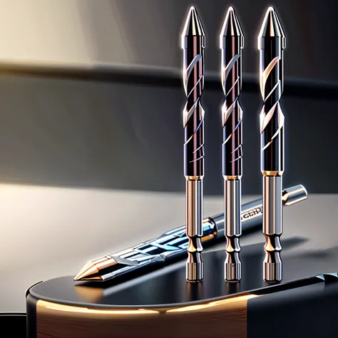 there are three pens and a pen holder on a table, sharp high detail illustration, 3 d product render, rendered in keyshot, close portrait, sharp high detail, depicted as a 3 d render, high quality product image”, keyshot product render, modern high sharpne...