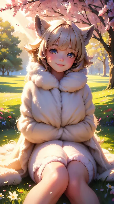 (best quality, highres, ultra-detailed), cute alpaca, soft fur, fluffy appearance, adorable eyes, playful expression, gentle smile, vibrant colors, realistic rendering, beautiful landscape, sunlight filtering through the trees, lush grassy fields, blooming...