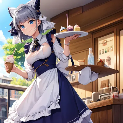 A woman wearing a maid uniform, long skirt, neko ears, kawaii face. blue eyes, blue bangs, gray hair. smiling, holding a tray with milkshake. in an ice cream parlor, half long womens stand,HDR, ultra resolution, well defined, masterpiece, 8K HD. (solo woma...