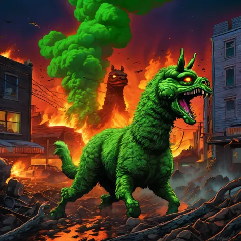 (high quality,realistic,ultra-detailed),(complex, multiple subjects),(subject 1:creep radioactive green Alpaca kaiju with glowing backlit eyes and sharp teeth), (subject 2: creepy lava toad kaiju emerging from a fiery crater,giant tentacles flailing),destr...