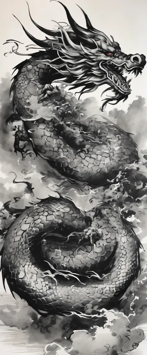 Ink painting of a dragon、Black and White Dragon、Black and white ink painting、Dragon ink painting、Divine Dragon ink painting、No people are depicted、A sumi-e painting of Shenron alone、