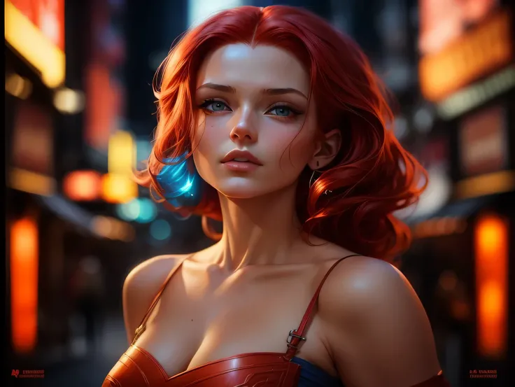 a woman with red hair and blue eyes in a city, stunning digital illustration, beautiful digital artwork, stunning art style, beautiful digital illustration, gorgeous digital painting, moebius + loish + wlop, realistic art style, realistic digital art 4 k, ...