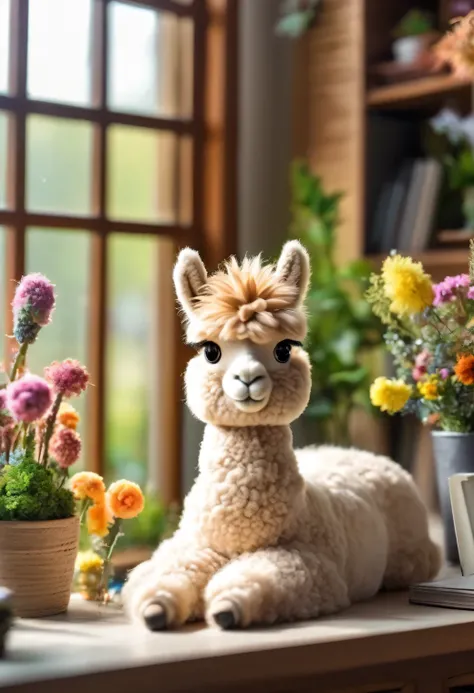 An Alpaca, Cute stuffed alpaca, long neck, fluffy, like in Pokemon, on desk, Flower garden seen from the window next to the desk, 
(best composition), (Masterpiece), (Best Quality), (intricate Detailes)