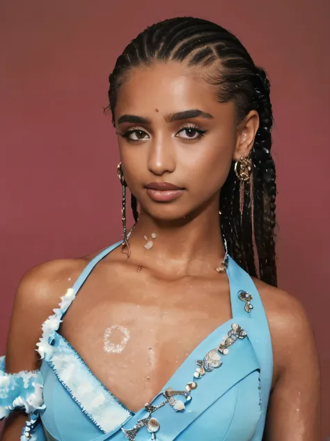 a close up of a woman with a braided ponytail and a blue dress, gettyimages, getty images, she has olive brown skin, imaan hamma...