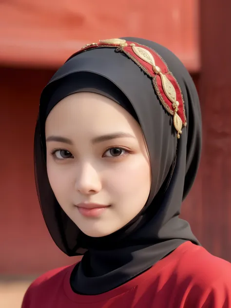 (masterpiece),(very detailed),a half body of 23 years old Indonesian woman wearing a hijab and a black and red shirt, beautiful aesthetic face, her skin is light brown, mosque background, girl cute-fine-face, attractive female face!!!, with accurate face, ...