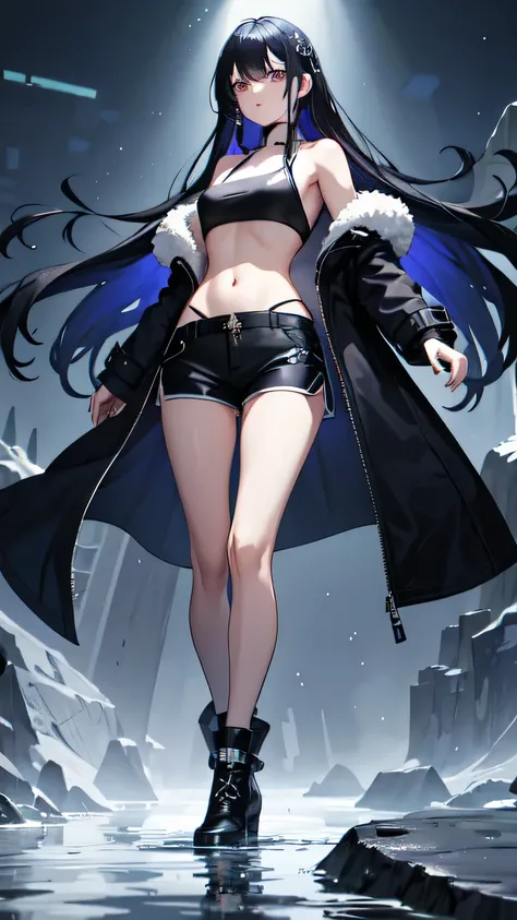 1 Girl, long hair，coat jacket style，，Tube Top，leaky belly button，shorts，black blue clothes，dark blue hair，Pupils with blue top and purple bottom，boots，fair skin，Water magic on hand，There is ice mist all around，wallpaper, Blood,night, light particles, light...