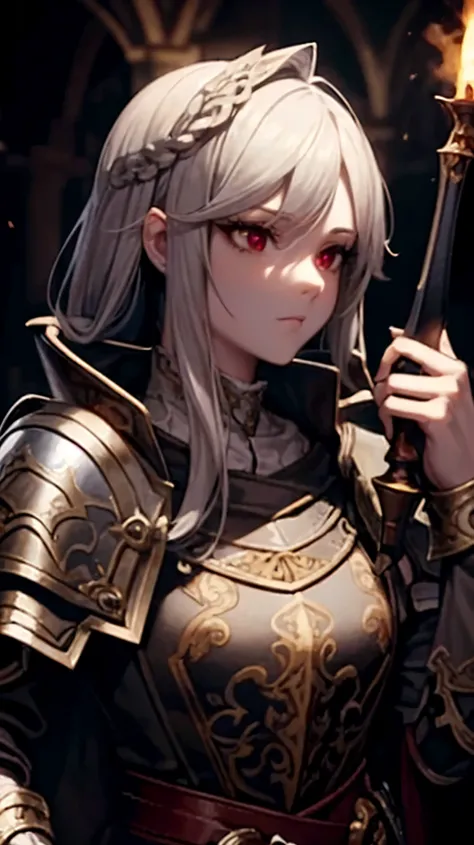 high quality, 4k, detailed shadow and light, 1girl, she has light grey hair with dark red eyes and pretty face, makeup, pale skin, shes adventurer from guild and wears cloak with little armor, carrying sword and torch in the dark