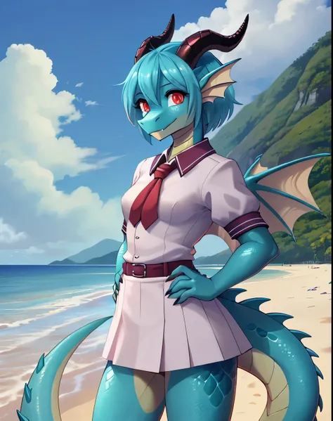 1girl, (Feminine), hot, solo, masterpiece, beach, scenery, (dragon girl:1.2), dragon, aqua marine scales, short hair, dragon horns, dragon tail, red eyes, slit pupils, (scales, scalie:1.2), (wearing high school japonese uniform)