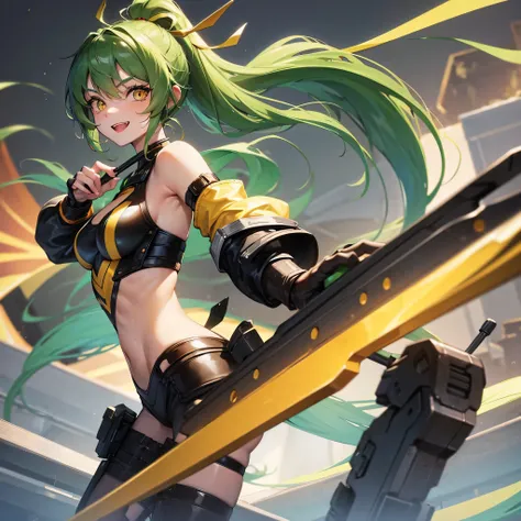 perfect anatomy, masterpiece:1.4, best quality, 16k, beautiful detailed grow, (battle style) (hands holding a detailed biggest steel axe gripping biggest steel axe in both hands), break, (solo:1.3 ponytail green hair long hair cute girl), ((15 yo)), (cute ...