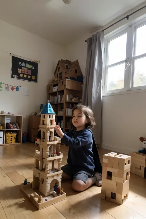 a cartoon of a Kindergarden room A  is seen playing to build a castle with Legos. A cloud of imagination comes out of the  and he imagines himself being a king with a cape and crown.