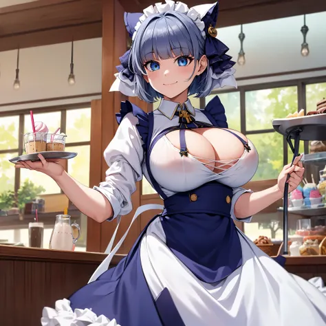 A woman wearing a maid uniform, long skirt, neko ears, kawaii face, big breast, blue eyes, blue bangs, some blue hair, gray hair. smiling, holding a tray with milkshake. in an ice cream parlor, half long womens stand.,HDR, ultra resolution, well defined, m...