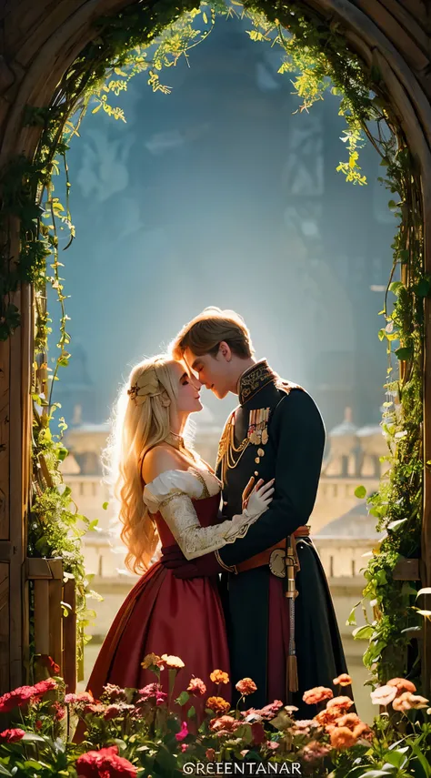 2 in 1 Niels Visser is a blonde prince, Wearing a medieval military uniform and falling in love with a commoner 2 Lily Collins, She has curly black hair and wears a red dress, They kissed very affectionately, Romance novel cover illustration。, Smooth, Ligh...