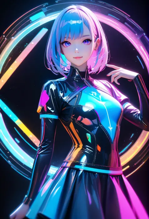 holography, draw in neon colors:1 girl:future, transparent, three dimensional, light, SF, Digital art, Digital, scientific, dark background: electronic circuit: draw in neon colors, 3D, masterpiece, Digital space, energy, beautiful, masterpiece, 8K, light,...