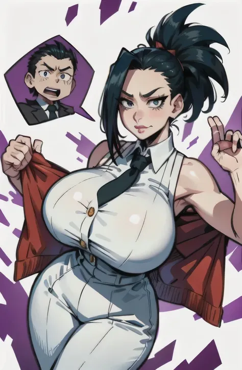 masterpiece, Boku no Hero Academia, Highres, Solo, Yaoyorozu Momo, lustful face, , big breasts, wide hips, tail, , suit and tie, white dress shirt, floating breasts