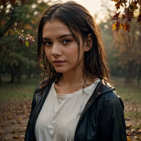 A girl in a field with wet clothes, wet shoulder, wet back, autumn leaves. (best quality,ultra-detailed),oil painting,portrait,soft lighting,vibrant colors.