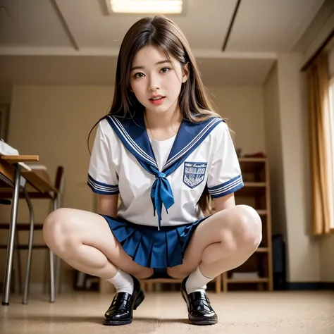 highest quality、4k、8k、High Resolution、masterpiece: 1.2、 Super detailed、Real、Photorealistic、Photorealistic: 1.37、(A beautiful 15-year-old woman is wearing a Japanese junior high school uniform:1.2)、(Beautiful delicate eyes with long eyelashes、Beautiful deli...